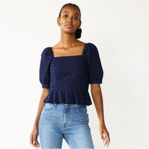 Draper James RSVP Puff-Sleeve Squareneck Peplum-Hem Top in Navy, Sz XXL, Crop